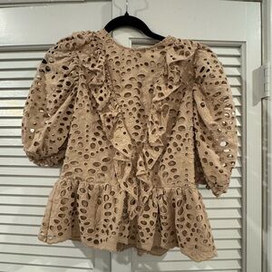 Express Tan Eyelet Ruffle Peplum Blouse w/bubble Short Sleeves